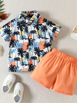 Toddler tropical print collared shirt and orange shorts set, short sleeve cotton.