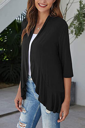 Black asymmetrical ruffle hem cardigan with 3/4 sleeves