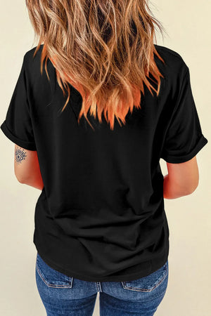 Black casual t-shirt with rolled sleeves and a graphic detail on the left sleeve.
