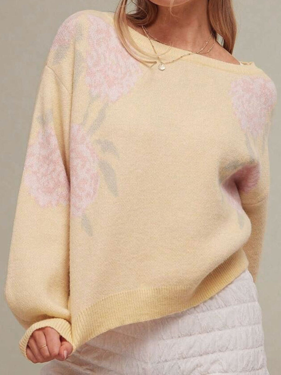 Floral Pattern Dropped Shoulder Sweater in Black