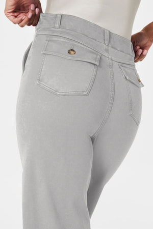 Light Gray wide-leg utility denim trousers with buttoned flap back pockets.