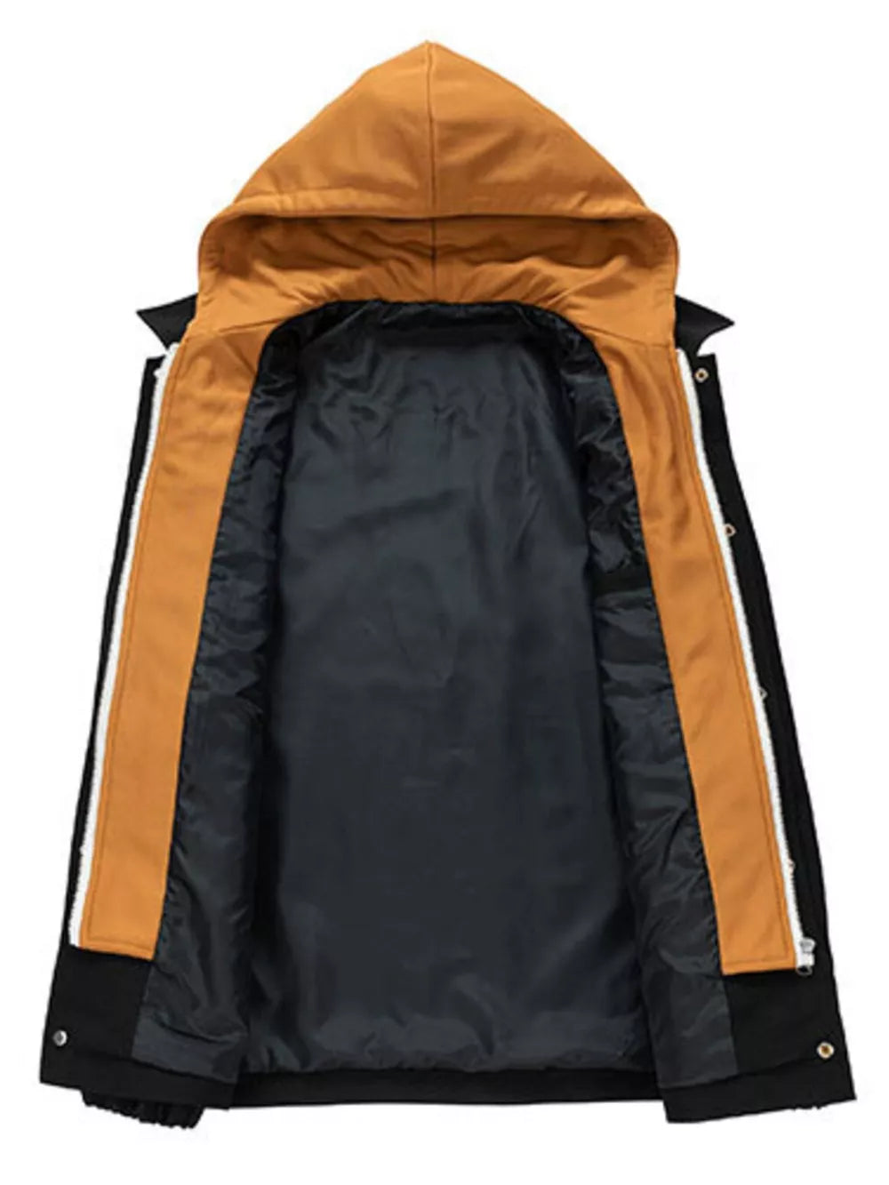 Black hooded button-up jacket with brown lining and white trim detail.