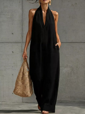 Black Full Size Halter Neck Wide-leg Jumpsuit Plus Size