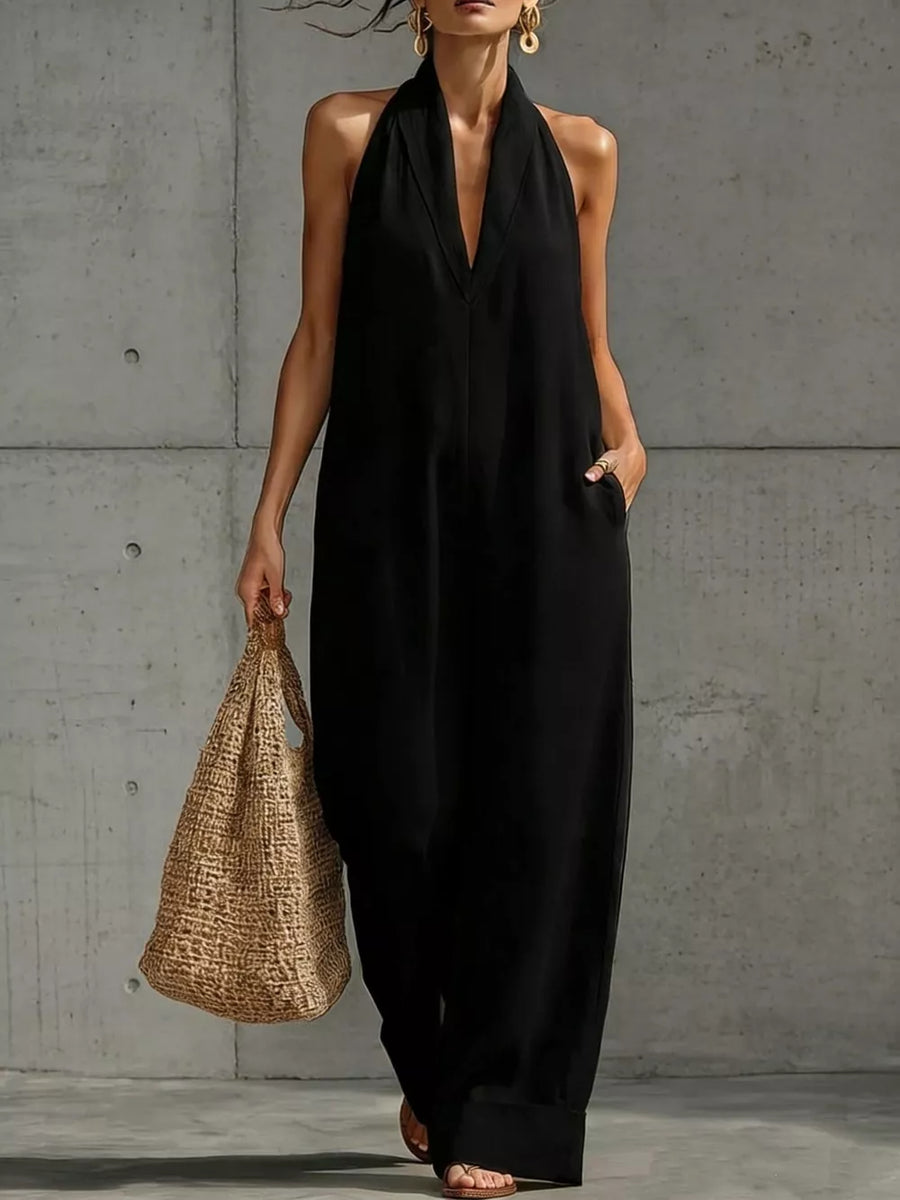 Black Full Size Halter Neck Wide-leg Jumpsuit Plus Size