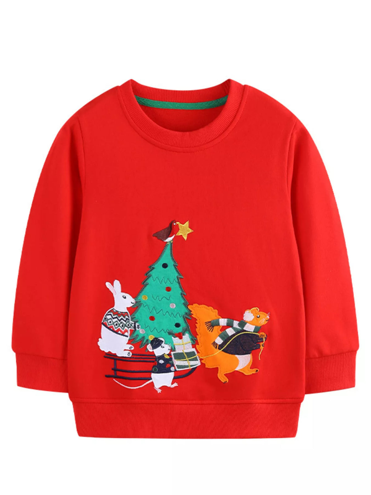 Red cotton crewneck sweatshirt with embroidered holiday scene of animals and a Christmas tree.