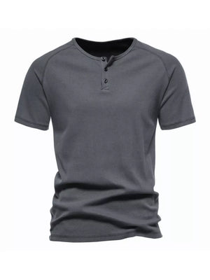 Men's dark gray cotton casual henley t-shirt with button detail