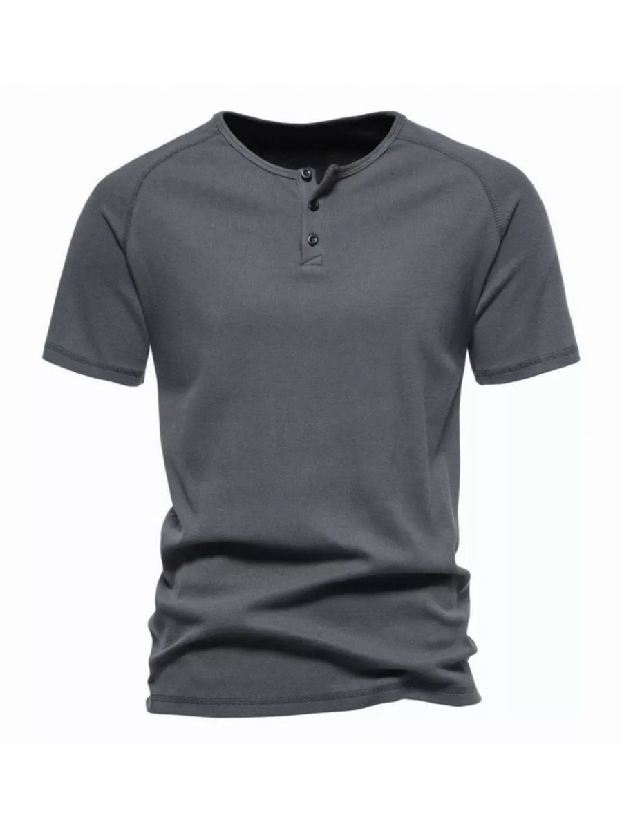 Men's dark gray cotton casual henley t-shirt with button detail