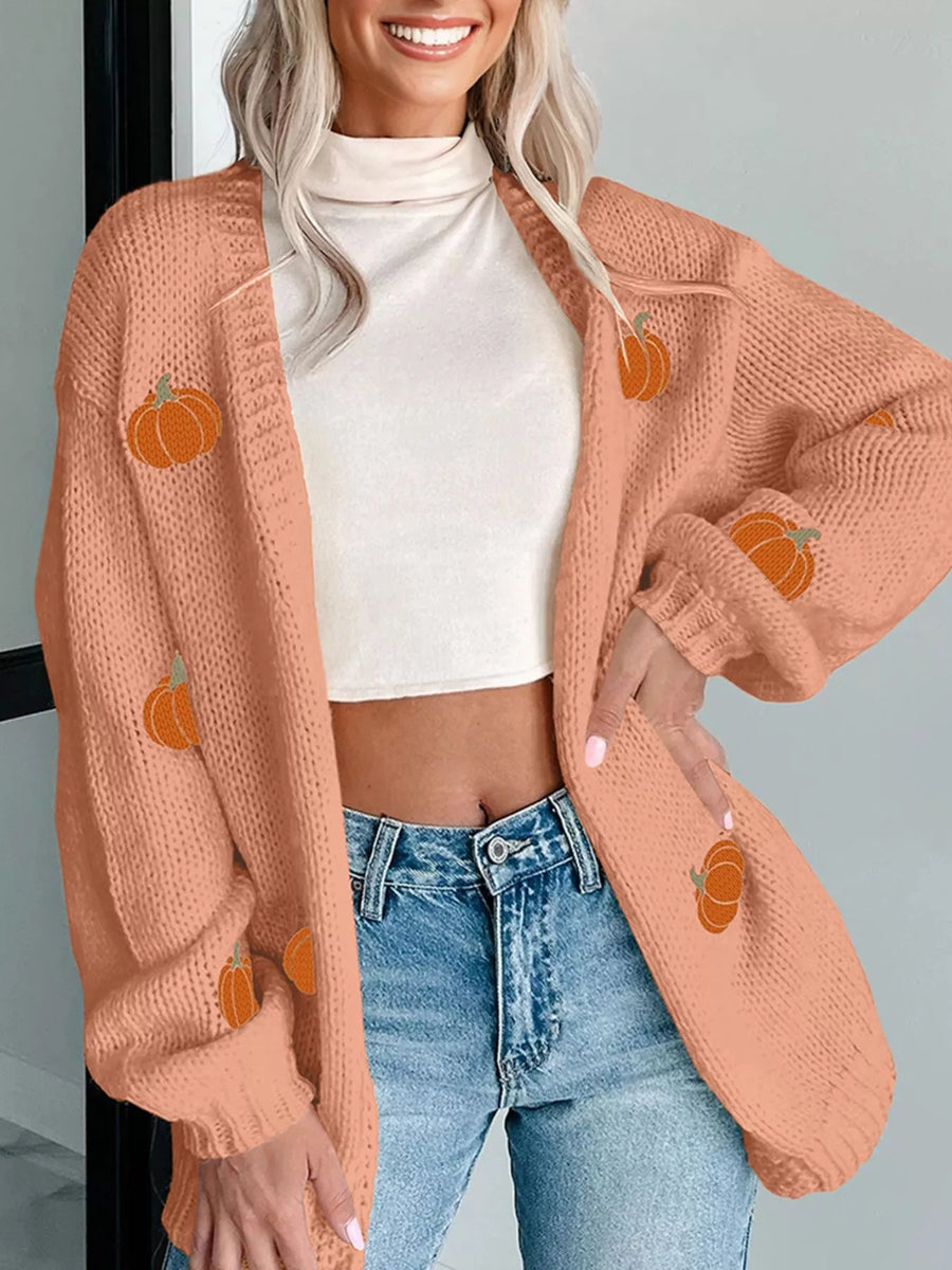Embroidered pumpkin midi cardigan in sherbet, open front, long sleeve, casual autumn fashion