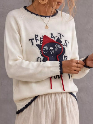 pullover sweater in Gray with graphic-print and contrast stitching