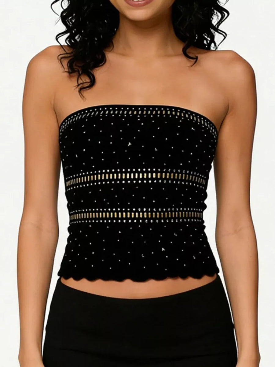Black strapless tank top with allover rhinestones and metallic stripe detail