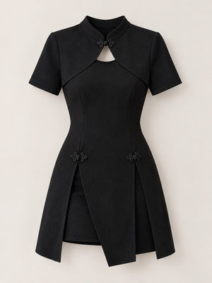 black mini dress with cutout and short sleeve