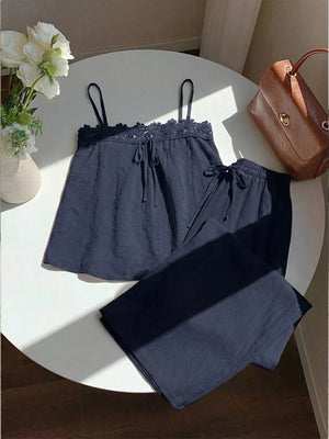 Navy blue lace trim cami and drawstring pants set