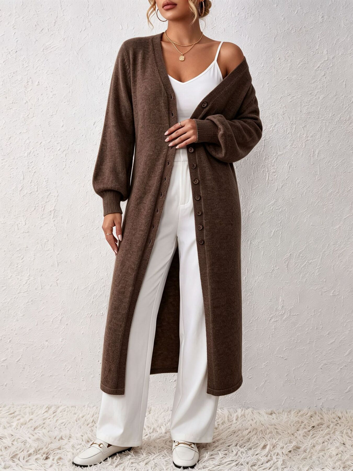 Elegant Longline Button-Front Cardigan in greige with buttoned