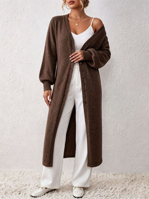 Elegant Longline Button-Front Cardigan in greige with buttoned