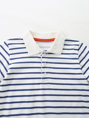 Boys' white and navy striped cotton polo shirt with a classic collar and button placket.