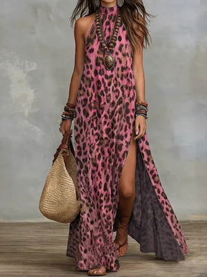 maxi dress in Green with leopard and side slit