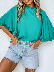 Teal ruffled mock neck half sleeve shirt with flutter sleeves
