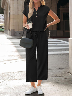Black notched V-neck top and wide-leg pants set with drawstring waist