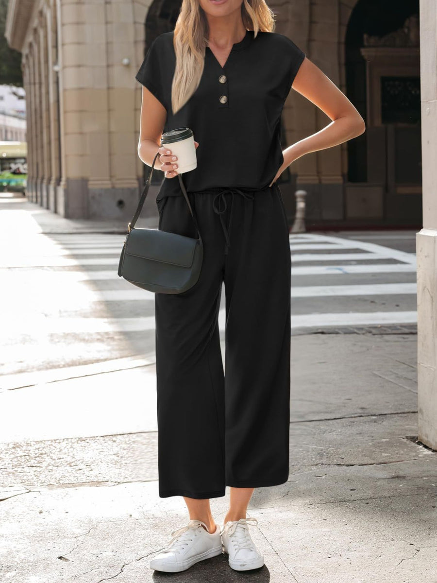 Black notched V-neck top and wide-leg pants set with drawstring waist