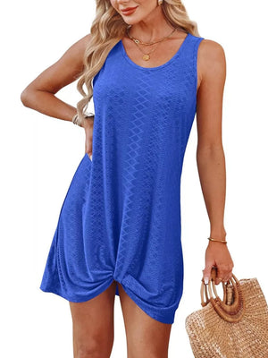 Blue eyelet tank dress with twisted hem detail