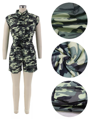 Sleeveless camouflage print collared romper with tie waist and button pockets