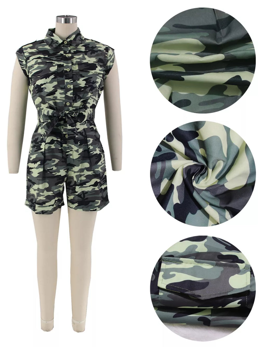 Sleeveless camouflage print collared romper with tie waist and button pockets