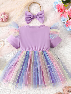 Lavender baby dress with rainbow tulle skirt and matching bow headband.