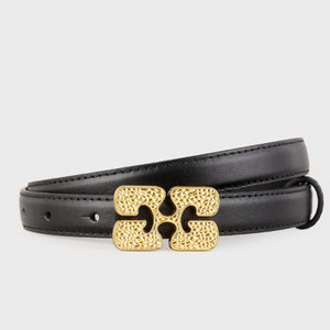 Black cowhide leather belt with textured gold buckle detail