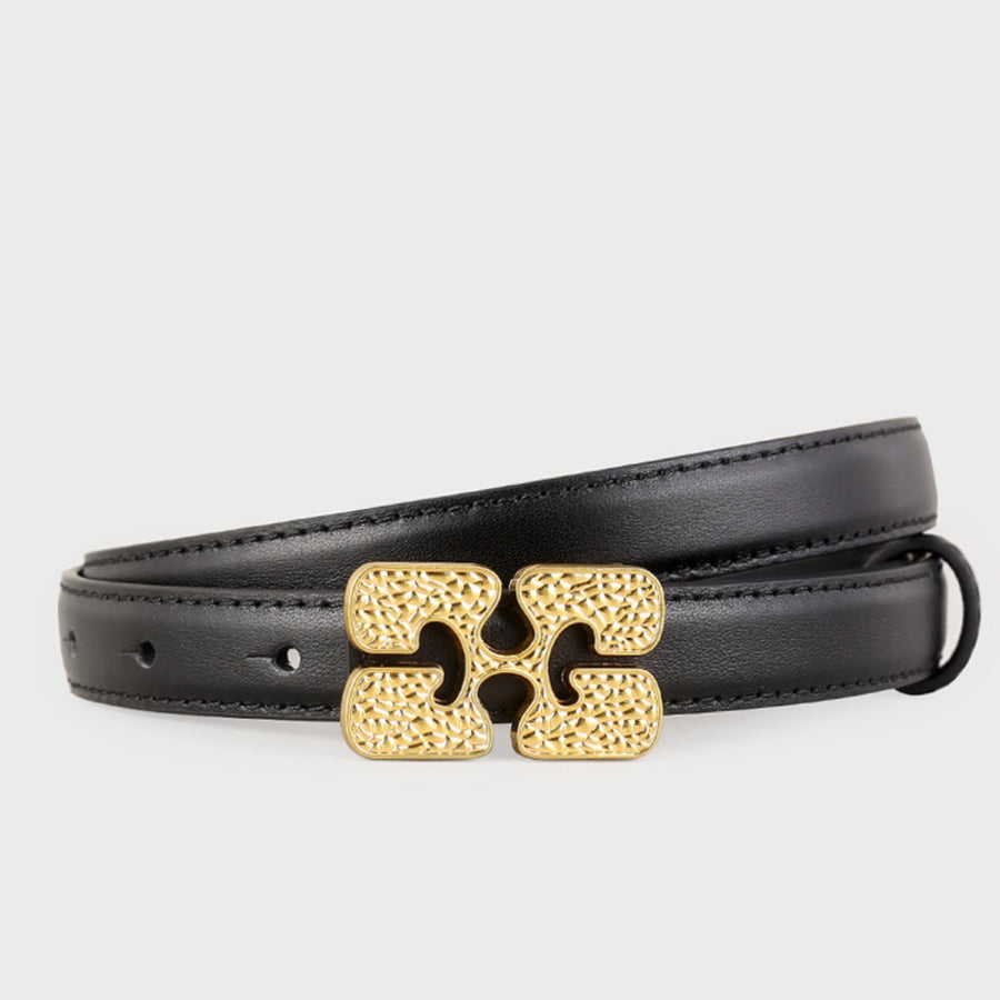 Black cowhide leather belt with textured gold buckle detail