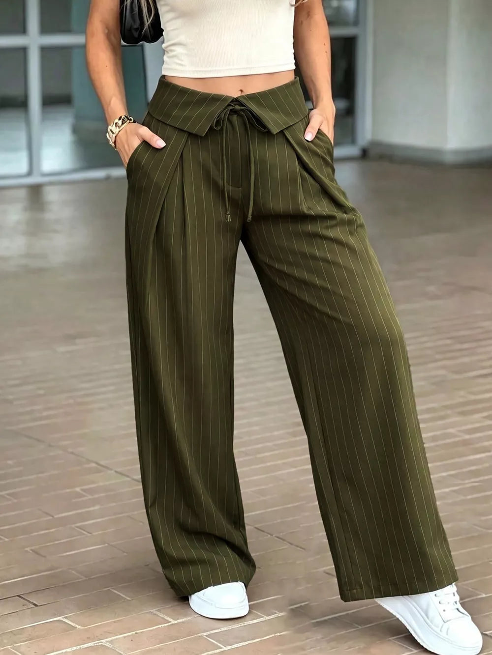 Brown wide-leg pants with full-length and tie