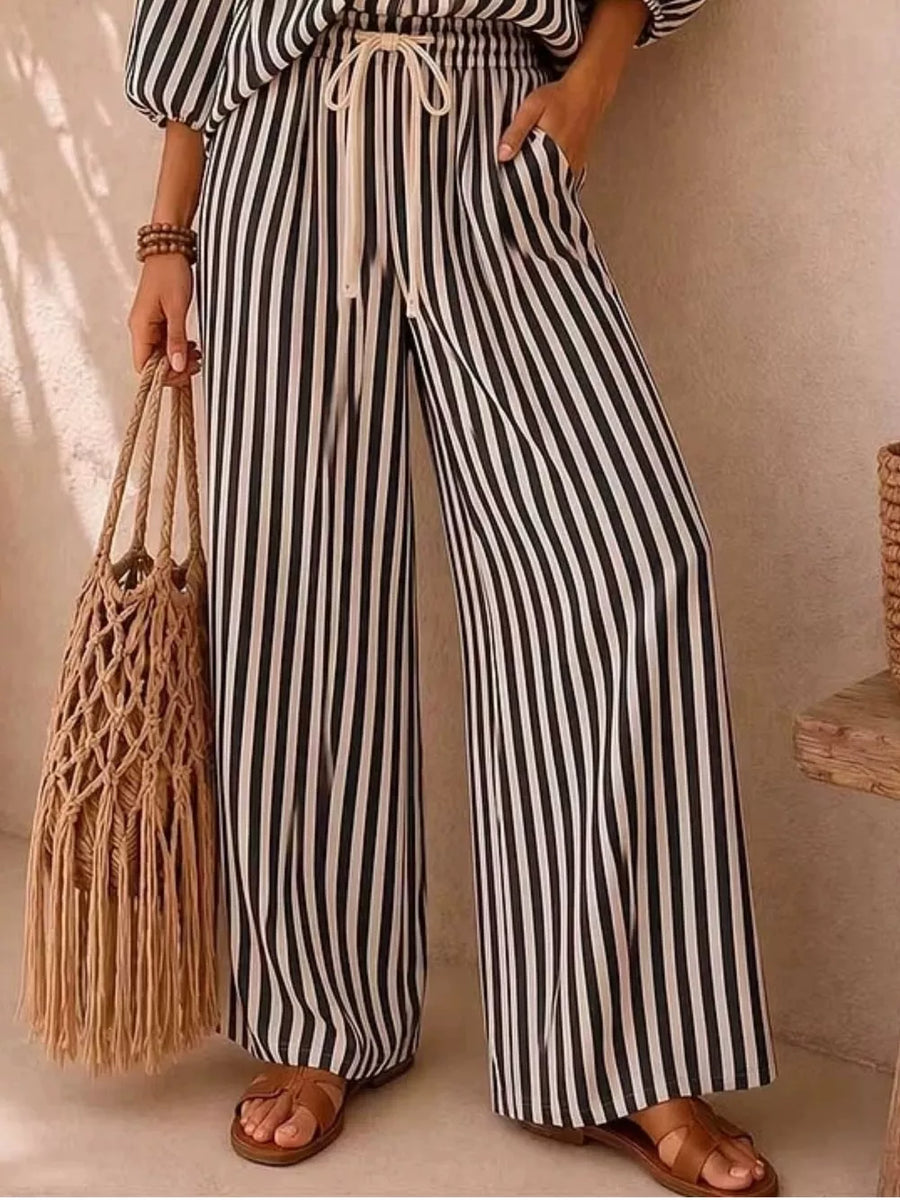 Striped Puff Sleeve Shirt And Wide-leg Pants Set in Khaki