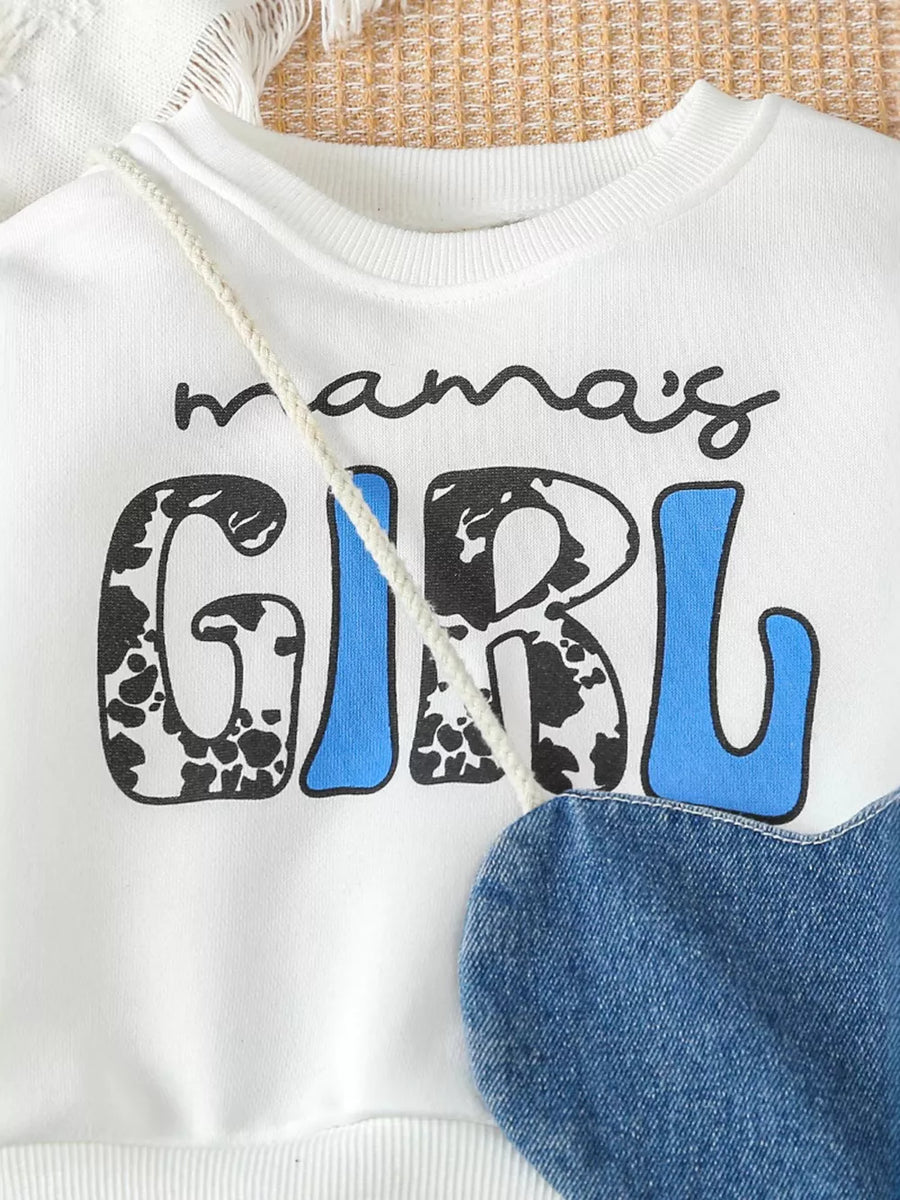 Children's Letter Long Sleeve Top And Denim Skirt Set in White