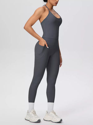 activewear in Deep Red with pocketed and cropped, full-length
