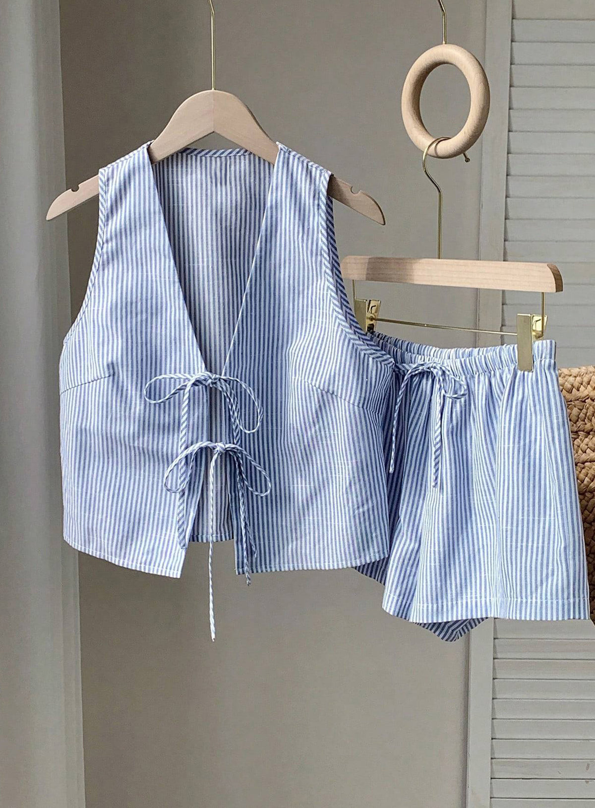 Blue striped tie-front vest and drawstring shorts set
