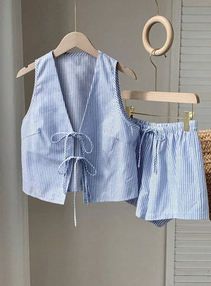 Blue striped tie-front vest and drawstring shorts set