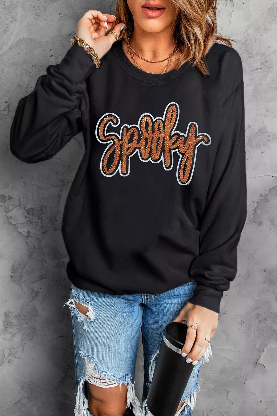 sweatshirt in Black with graphic-print and drop shoulder