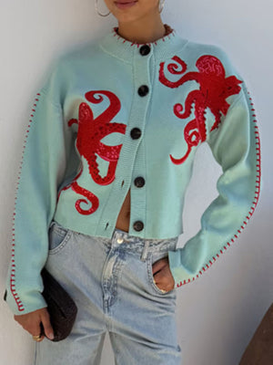 mint green cardigan with octopus graphic and mock neck