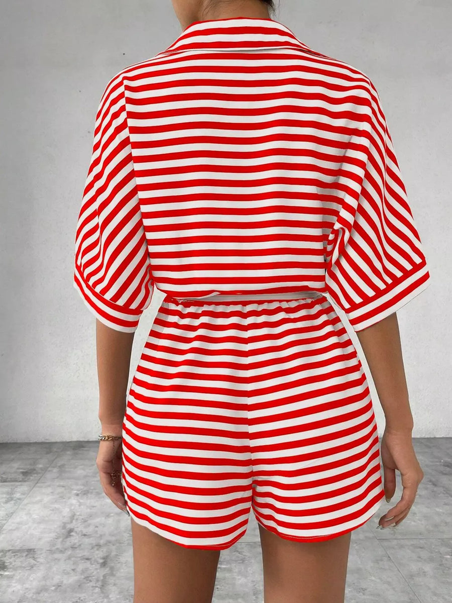 Caramel Striped Button Front Half Sleeve Romper