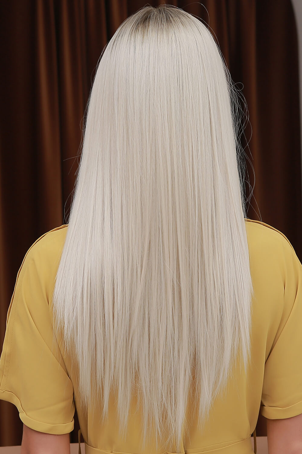 Ombre blonde lace front wig with ash brown roots and straight 26" length.