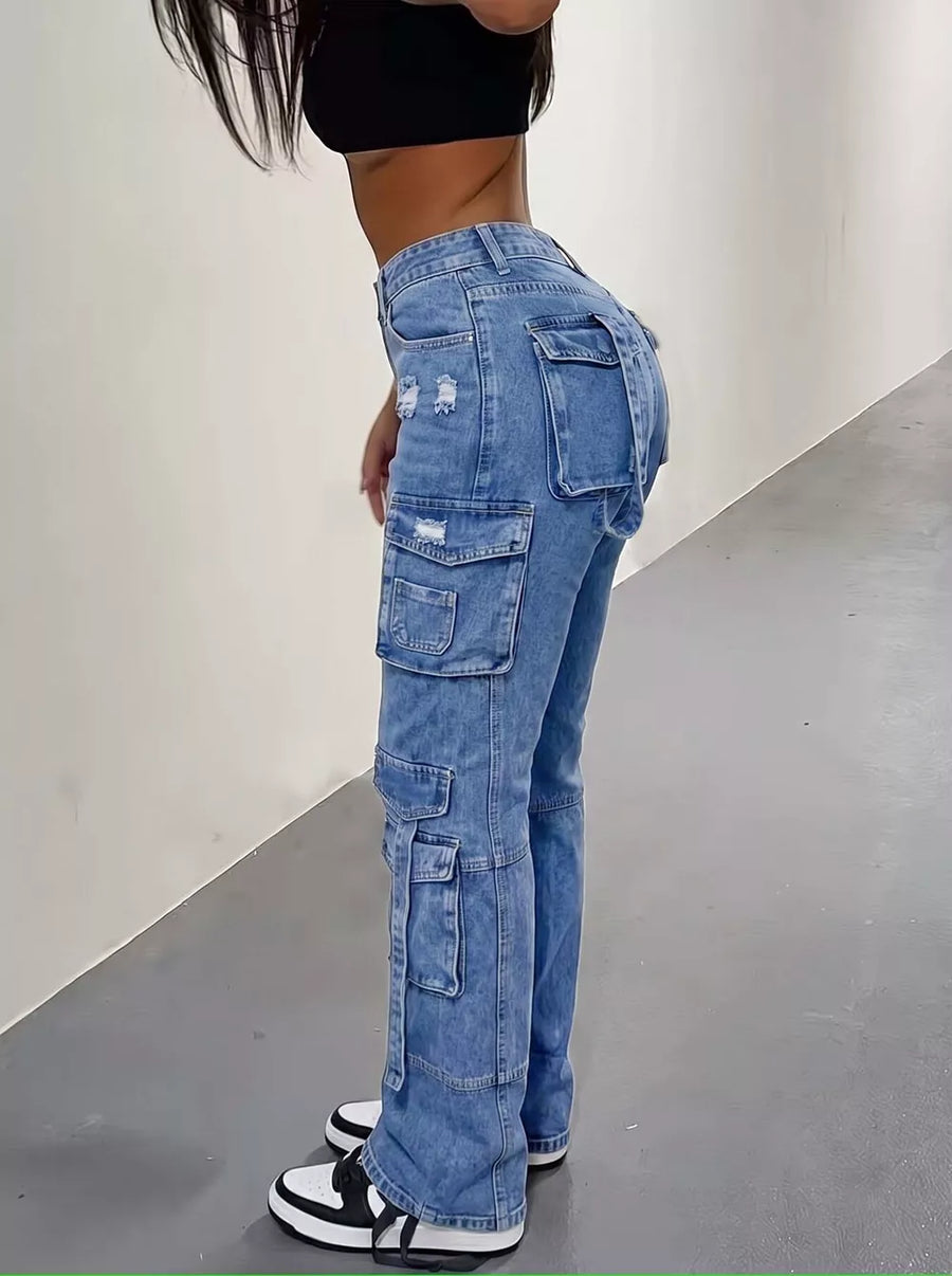 90% cotton, 10% polyester Care instructions: Machine wash cold cargo jeans in Dark Blue with relaxed silhouette