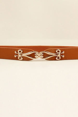 Caramel elastic waist belt with ornate alloy clasp closure