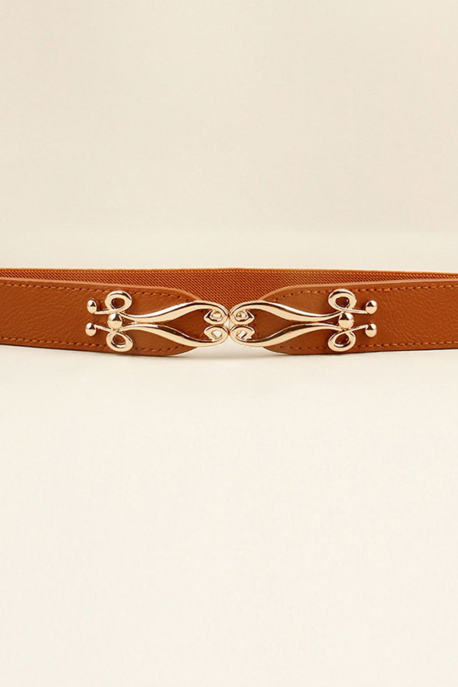 Caramel elastic waist belt with ornate alloy clasp closure