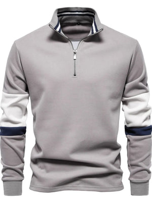 Gray zip-neck sweatshirt with colorblock sleeves and striped collar.