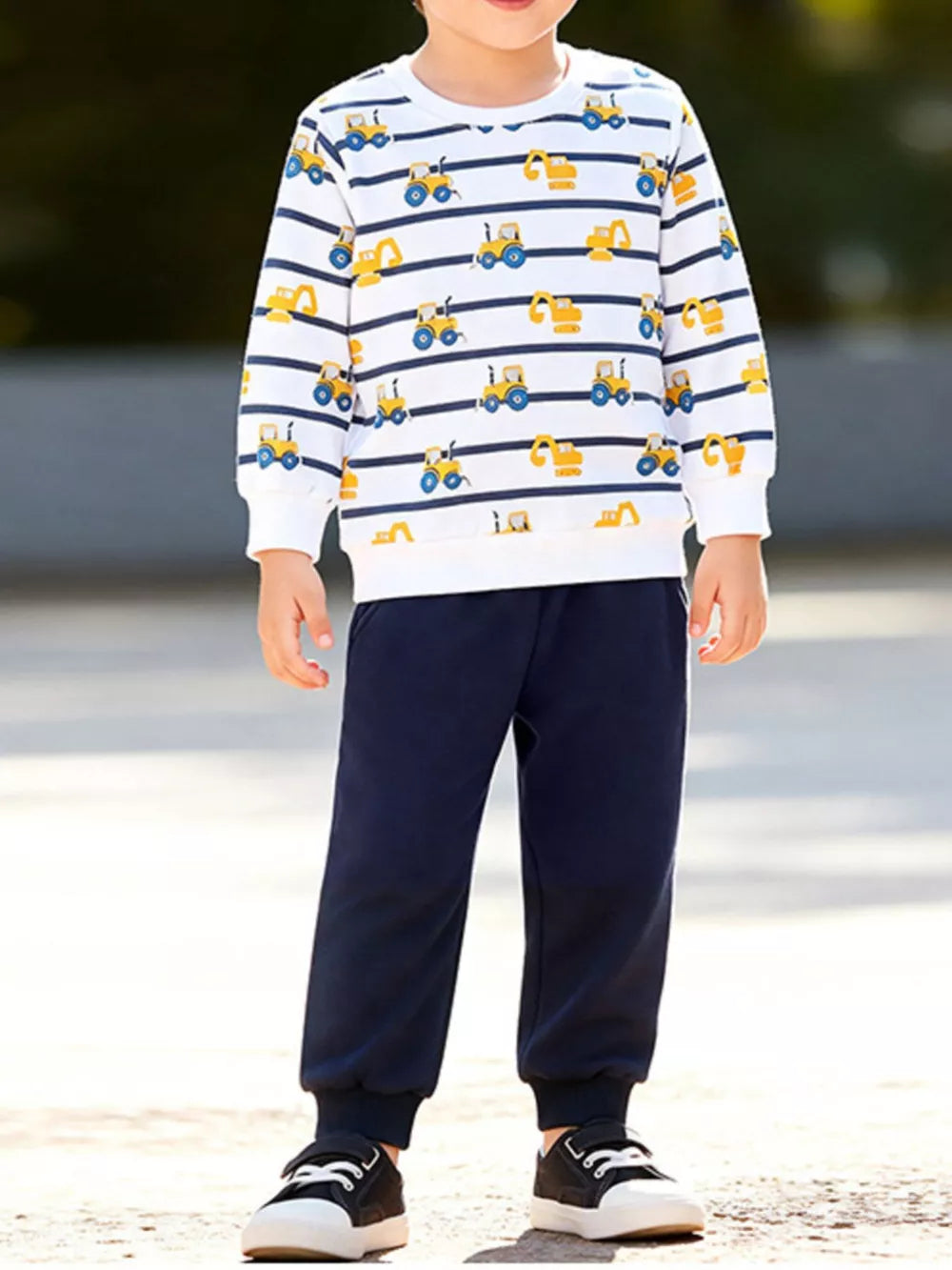 white sweatshirt and sweatpants set with striped and crew neck