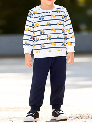 white sweatshirt and sweatpants set with striped and crew neck