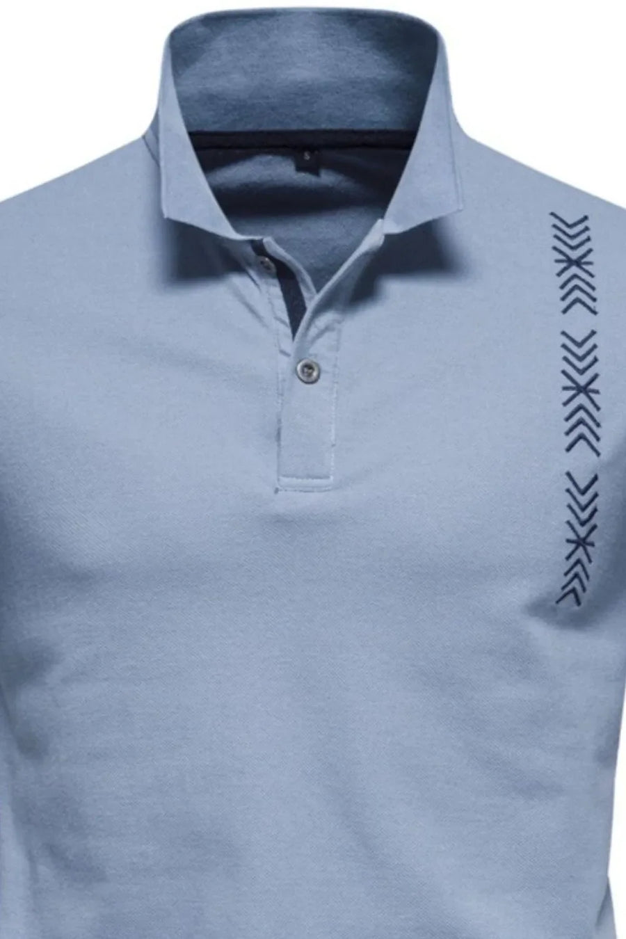 Dusty Blue piqué polo shirt with chevron embroidery detail on the side.
