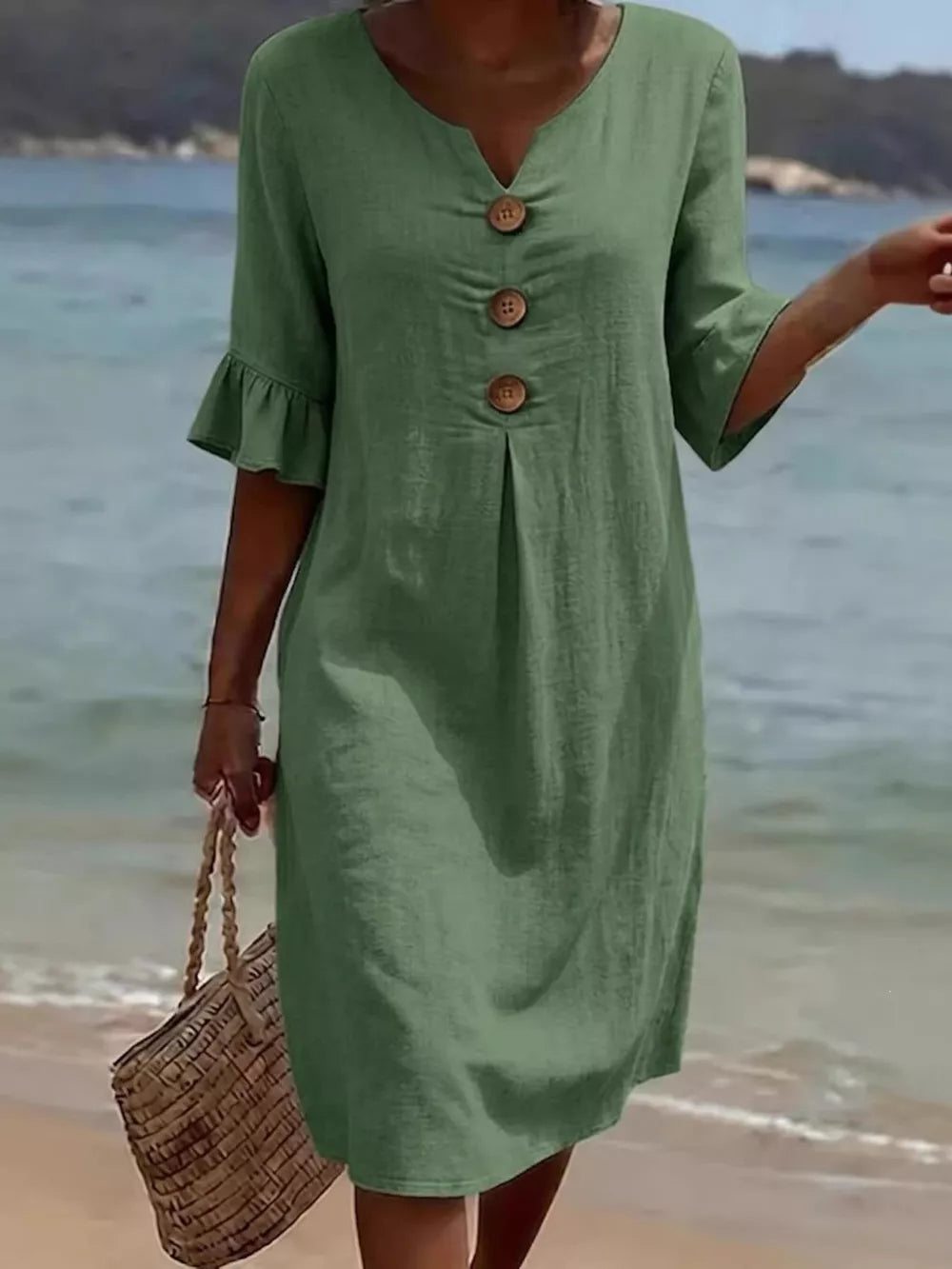 White Button Decor Ruffle Sleeve Midi Dress Plus Size