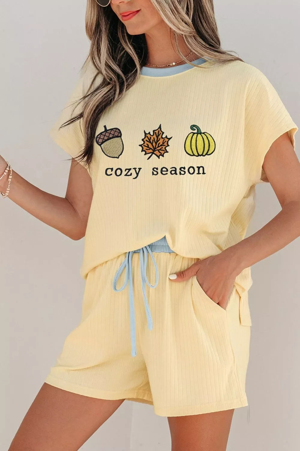 Cozy Season Embroidered Graphic Relaxed Two-piece Short Set option 4
