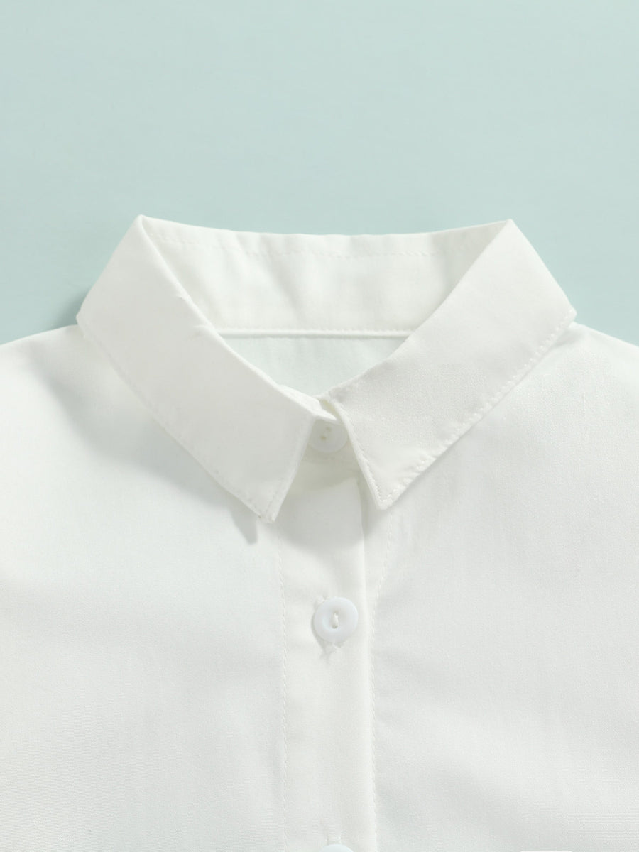 Toddler white cotton button-up shirt with collar and buttons.