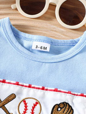 Light blue cotton baby baseball top with embroidered baseball, bat, and glove detail.